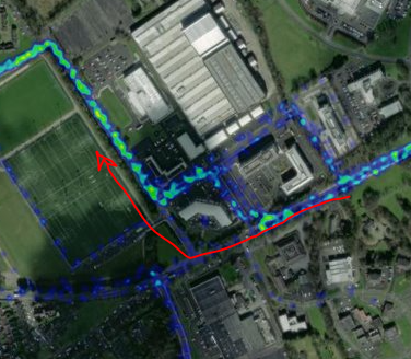 GPS heat map showing a winding path, and a more obvious route indicated by a red arrow